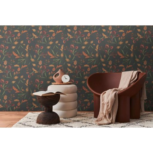 Festett színes és bájos botanikai virágminta mély szürkészöld bordó terrakotta okker és zöld tónus tapéta