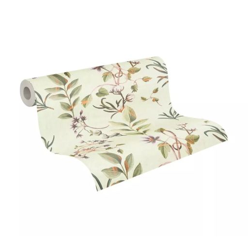 Finom akvarell festmény légies gyapotvirágok és karcsú levelek táncával krémfehér halvány olajzöld barack és lila tónus tapéta