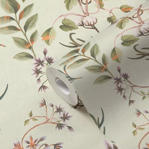 Finom akvarell festmény légies gyapotvirágok és karcsú levelek táncával krémfehér halvány olajzöld barack és lila tónus tapéta