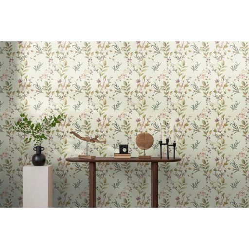 Finom akvarell festmény légies gyapotvirágok és karcsú levelek táncával krémfehér halvány olajzöld barack és lila tónus tapéta