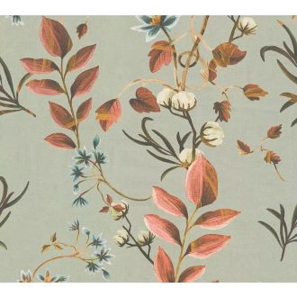   Finom akvarell festmény légies gyapotvirágok és karcsú levelek táncával szürkészöld rozsdabarna lazac világoskék és krém tónus tapéta