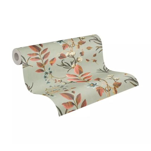 Finom akvarell festmény légies gyapotvirágok és karcsú levelek táncával szürkészöld rozsdabarna lazac világoskék és krém tónus tapéta