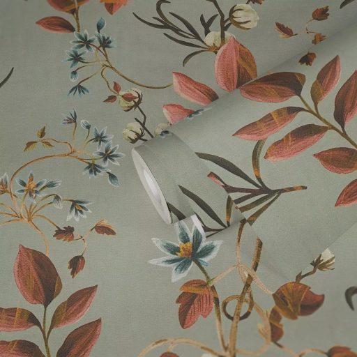 Finom akvarell festmény légies gyapotvirágok és karcsú levelek táncával szürkészöld rozsdabarna lazac világoskék és krém tónus tapéta