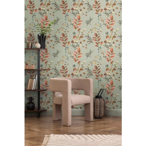 Finom akvarell festmény légies gyapotvirágok és karcsú levelek táncával szürkészöld rozsdabarna lazac világoskék és krém tónus tapéta