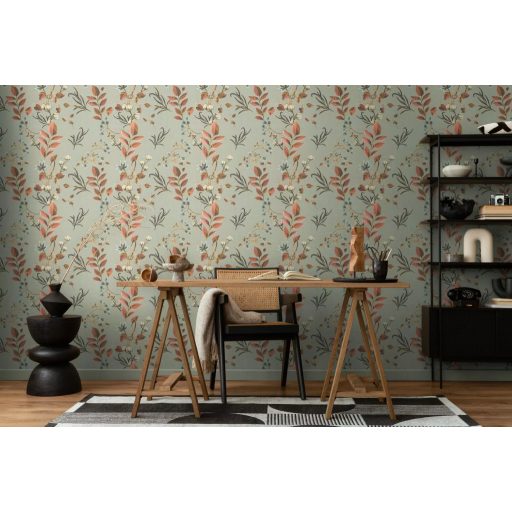 Finom akvarell festmény légies gyapotvirágok és karcsú levelek táncával szürkészöld rozsdabarna lazac világoskék és krém tónus tapéta