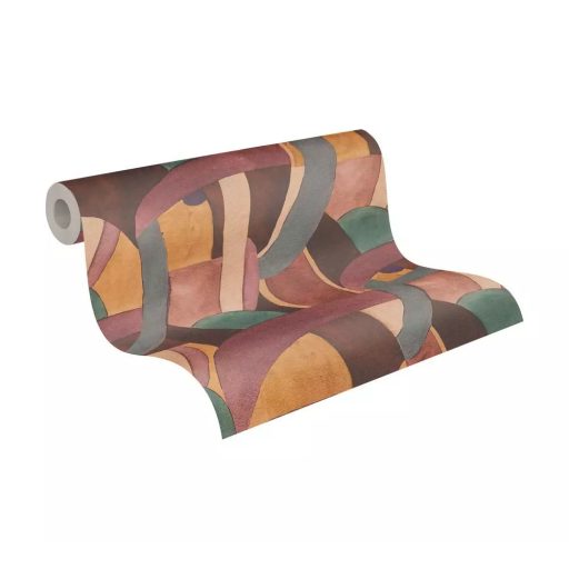 Akár egy art deco színház függönye : ívek félkörök és színes mezők mintája borvörös mohazöld aranyló okker és hamvas szürke tapéta