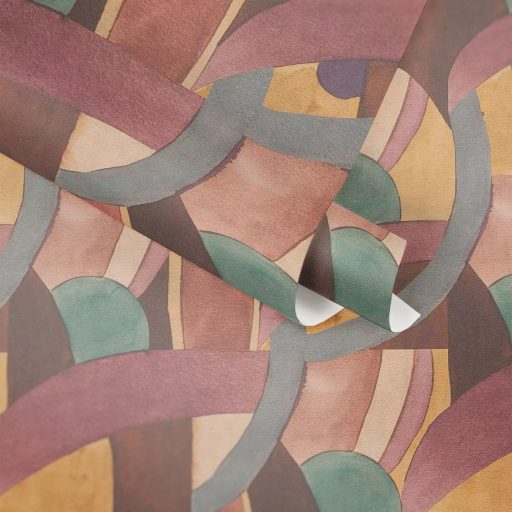 Akár egy art deco színház függönye : ívek félkörök és színes mezők mintája borvörös mohazöld aranyló okker és hamvas szürke tapéta