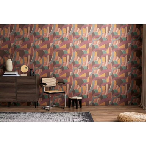Akár egy art deco színház függönye : ívek félkörök és színes mezők mintája borvörös mohazöld aranyló okker és hamvas szürke tapéta