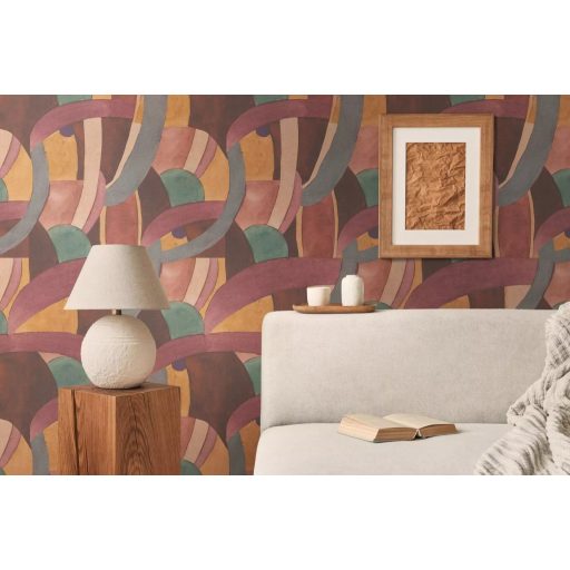 Akár egy art deco színház függönye : ívek félkörök és színes mezők mintája borvörös mohazöld aranyló okker és hamvas szürke tapéta