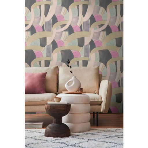 Egy modern balett díszlete - szalagok félkörök és színes mezők mintája antracit homokszín rózsaszín menta és levendula tónus tapéta