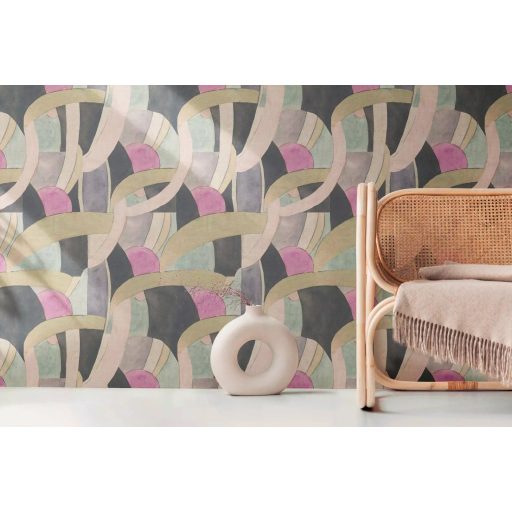 Egy modern balett díszlete - szalagok félkörök és színes mezők mintája antracit homokszín rózsaszín menta és levendula tónus tapéta