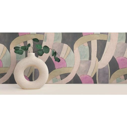 Egy modern balett díszlete - szalagok félkörök és színes mezők mintája antracit homokszín rózsaszín menta és levendula tónus tapéta