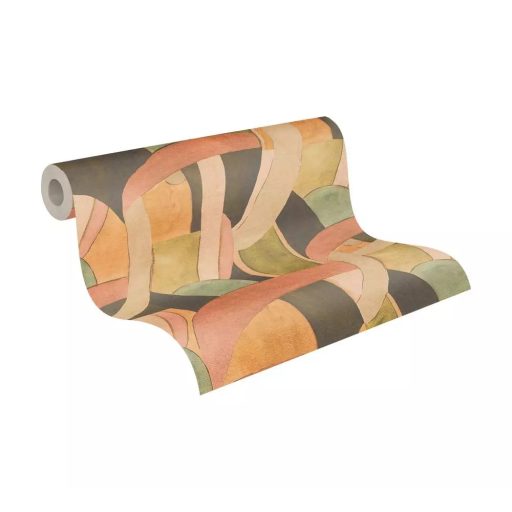 Akár egy art deco színház függönye : ívek félkörök és színes mezők mintája barack olajzöld krém és halvány szürkéskék tónus tapéta