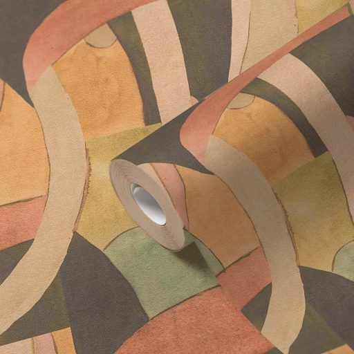 Akár egy art deco színház függönye : ívek félkörök és színes mezők mintája barack olajzöld krém és halvány szürkéskék tónus tapéta