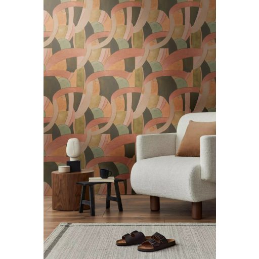 Akár egy art deco színház függönye : ívek félkörök és színes mezők mintája barack olajzöld krém és halvány szürkéskék tónus tapéta