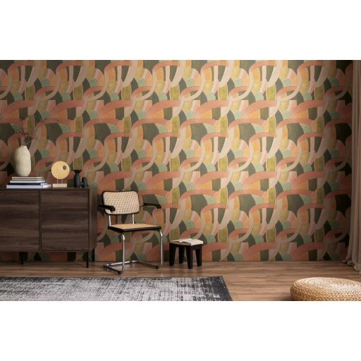 Akár egy art deco színház függönye : ívek félkörök és színes mezők mintája barack olajzöld krém és halvány szürkéskék tónus tapéta