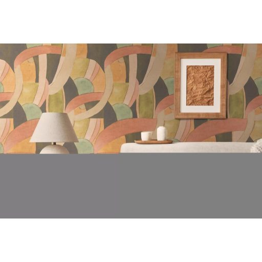 Akár egy art deco színház függönye : ívek félkörök és színes mezők mintája barack olajzöld krém és halvány szürkéskék tónus tapéta