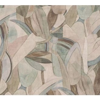   Vízfestékkel megálmodott botanikai tájkép ívek és levelek légies tánca lágy földszínek - zöld bézs és finom kék tónus tapéta