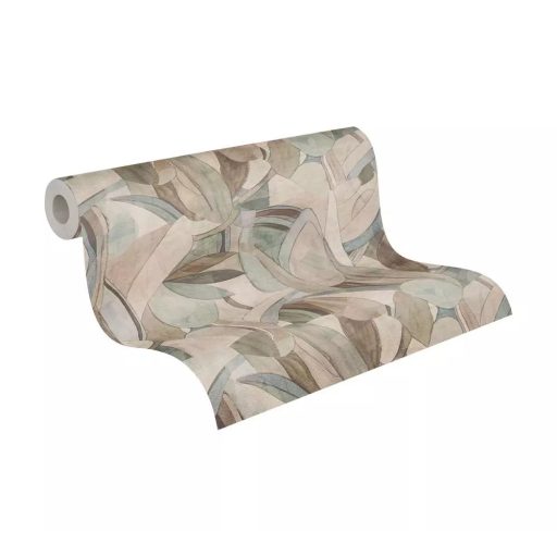 Vízfestékkel megálmodott botanikai tájkép ívek és levelek légies tánca lágy földszínek - zöld bézs és finom kék tónus tapéta