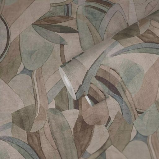 Vízfestékkel megálmodott botanikai tájkép ívek és levelek légies tánca lágy földszínek - zöld bézs és finom kék tónus tapéta