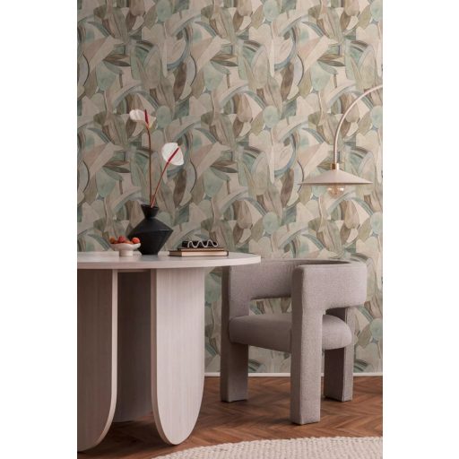 Vízfestékkel megálmodott botanikai tájkép ívek és levelek légies tánca lágy földszínek - zöld bézs és finom kék tónus tapéta