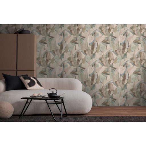 Vízfestékkel megálmodott botanikai tájkép ívek és levelek légies tánca lágy földszínek - zöld bézs és finom kék tónus tapéta