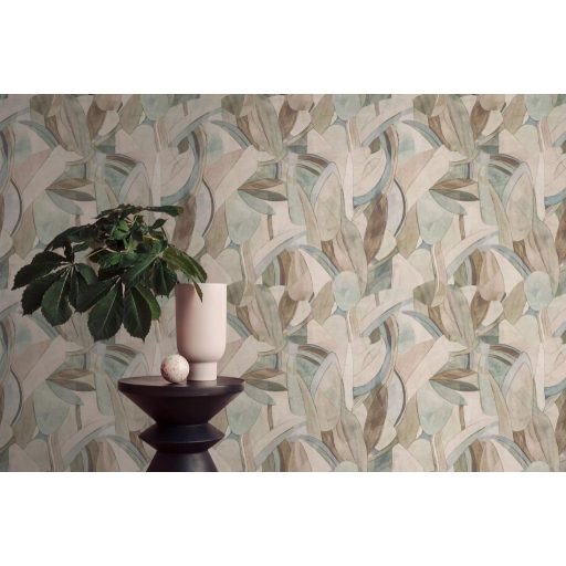 Vízfestékkel megálmodott botanikai tájkép ívek és levelek légies tánca lágy földszínek - zöld bézs és finom kék tónus tapéta