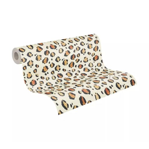 Leopárdminta modern átiratban - akvarell nagymacska bundázat krémfehér fekete és narancs-arany tónus tapéta