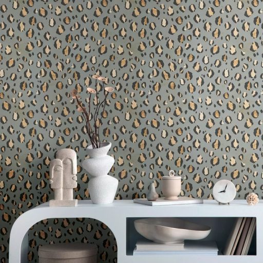 Leopárdminta urbánus átiratban - akvarell nagymacska bundázat acélszürke fekete homokszín és arany tónus tapéta