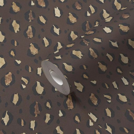 Leopárdminta modern átiratban - akvarell nagymacska bundázat csokoládébarna fekete homokszín és arany tónus tapéta