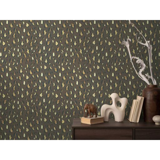 Leopárdminta modern átiratban - akvarell nagymacska bundázat csokoládébarna fekete homokszín és arany tónus tapéta