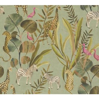   Egy színes szafari meséje egzotikus állatokkal lágy zöld élénk rózsaszín barna szürke és fehér tónus tapéta