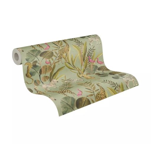 Egy színes szafari meséje egzotikus állatokkal lágy zöld élénk rózsaszín barna szürke és fehér tónus tapéta