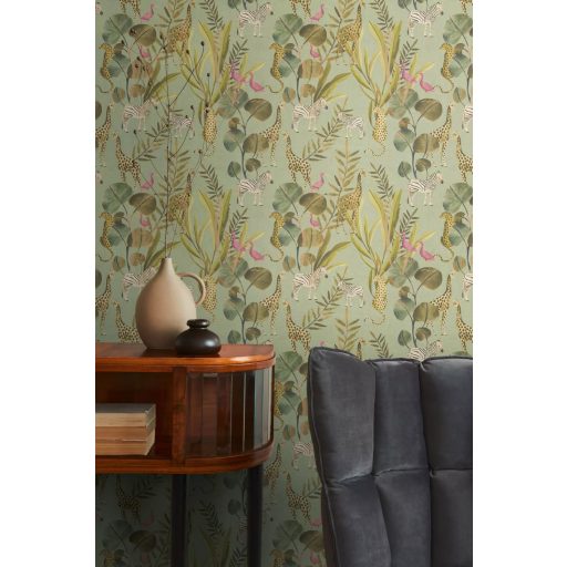 Egy színes szafari meséje egzotikus állatokkal lágy zöld élénk rózsaszín barna szürke és fehér tónus tapéta