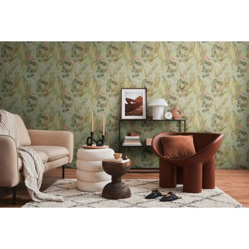 Egy színes szafari meséje egzotikus állatokkal lágy zöld élénk rózsaszín barna szürke és fehér tónus tapéta