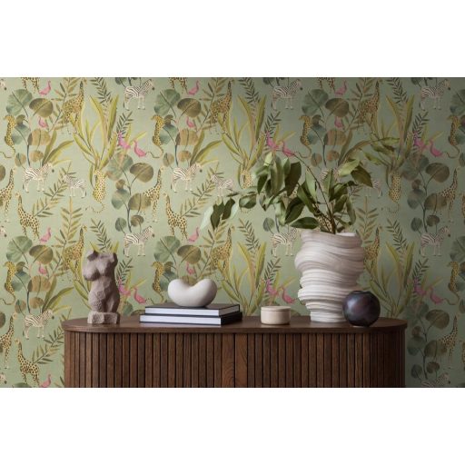 Egy színes szafari meséje egzotikus állatokkal lágy zöld élénk rózsaszín barna szürke és fehér tónus tapéta