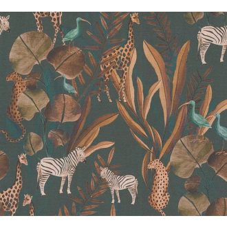   Egy színes szafari meséje egzotikus állatokkal földszín meleg barna rózsaszín sötétzöld/szürkészöld türkiz fehér és fekete tónus tapéta