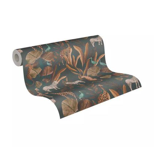 Egy színes szafari meséje egzotikus állatokkal földszín meleg barna rózsaszín sötétzöld/szürkészöld türkiz fehér és fekete tónus tapéta