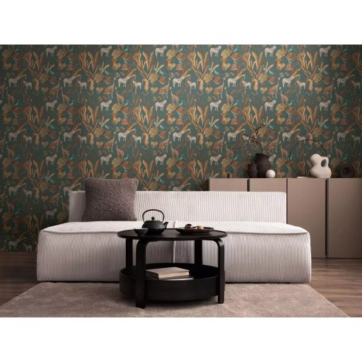 Egy színes szafari meséje egzotikus állatokkal földszín meleg barna rózsaszín sötétzöld/szürkészöld türkiz fehér és fekete tónus tapéta