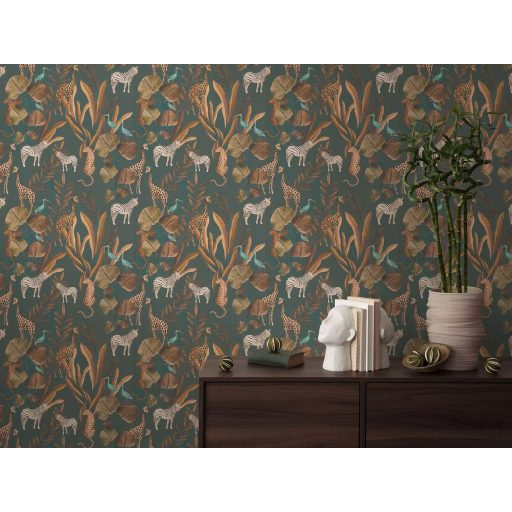 Egy színes szafari meséje egzotikus állatokkal földszín meleg barna rózsaszín sötétzöld/szürkészöld türkiz fehér és fekete tónus tapéta