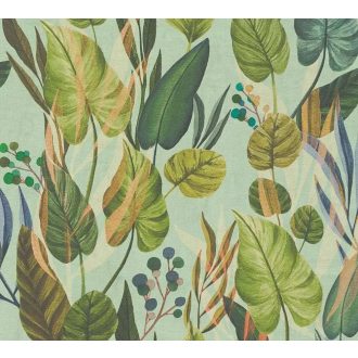   Trópusi paradicsom filodendron levelekkel kompozíció lágy mentazöld türkiz tengerkék és bronzos-arany tónus tapéta