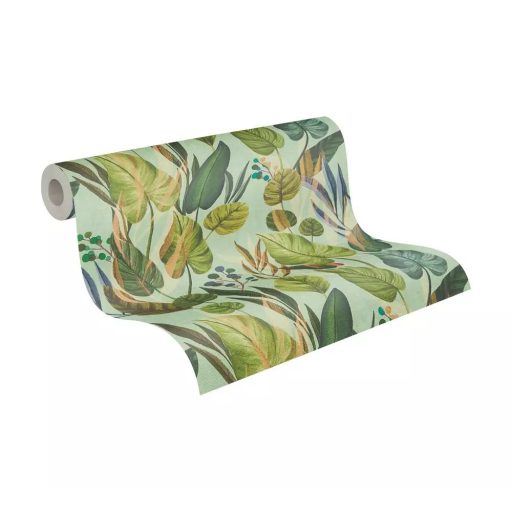 Trópusi paradicsom filodendron levelekkel kompozíció lágy mentazöld türkiz tengerkék és bronzos-arany tónus tapéta