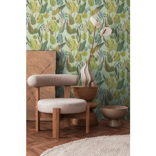 Trópusi paradicsom filodendron levelekkel kompozíció lágy mentazöld türkiz tengerkék és bronzos-arany tónus tapéta