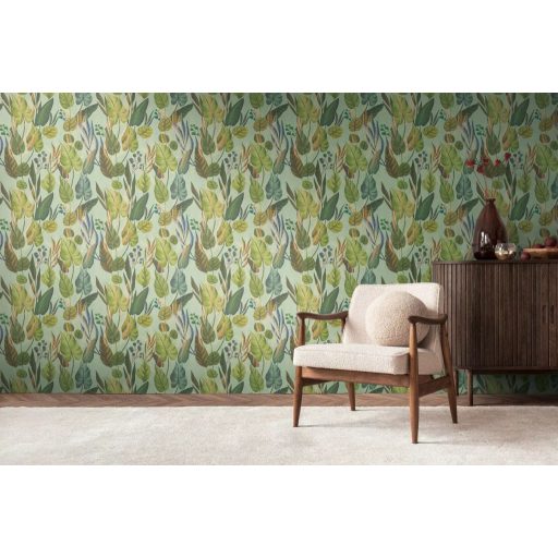 Trópusi paradicsom filodendron levelekkel kompozíció lágy mentazöld türkiz tengerkék és bronzos-arany tónus tapéta