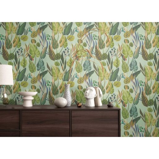 Trópusi paradicsom filodendron levelekkel kompozíció lágy mentazöld türkiz tengerkék és bronzos-arany tónus tapéta