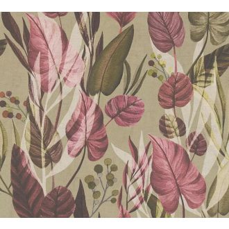   Trópusi paradicsom filodendron levelekkel kompozíció földes szürkészöld rózsazsín bordó és olívzöld tónus tapéta