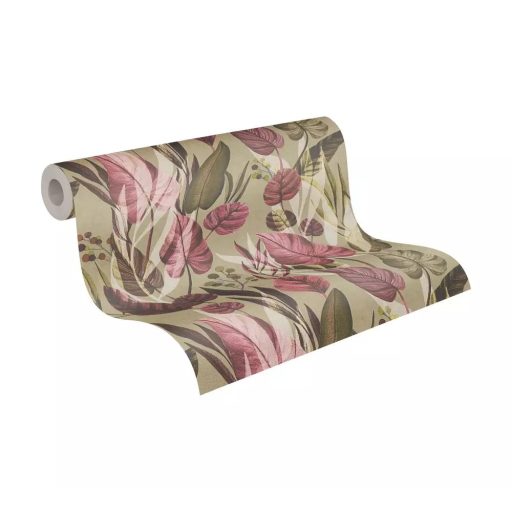 Trópusi paradicsom filodendron levelekkel kompozíció földes szürkészöld rózsazsín bordó és olívzöld tónus tapéta