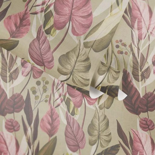 Trópusi paradicsom filodendron levelekkel kompozíció földes szürkészöld rózsazsín bordó és olívzöld tónus tapéta