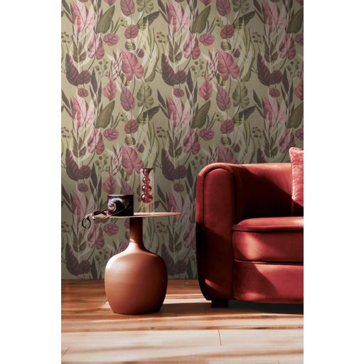 Trópusi paradicsom filodendron levelekkel kompozíció földes szürkészöld rózsazsín bordó és olívzöld tónus tapéta