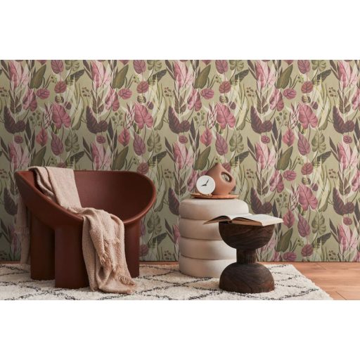 Trópusi paradicsom filodendron levelekkel kompozíció földes szürkészöld rózsazsín bordó és olívzöld tónus tapéta